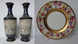 Doulton vases by Hannah Barlow, 1898, and floral edged plate signed E Percy
